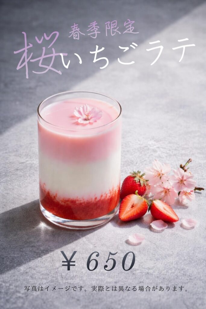 シーシャカフェ＆バー恋香 期間限定メニュー 桜いちごラテのご紹介（春季限定） 桜の華やかな香りと、いちごの甘酸っぱさを組み合わせたピンク色のラテドリンク